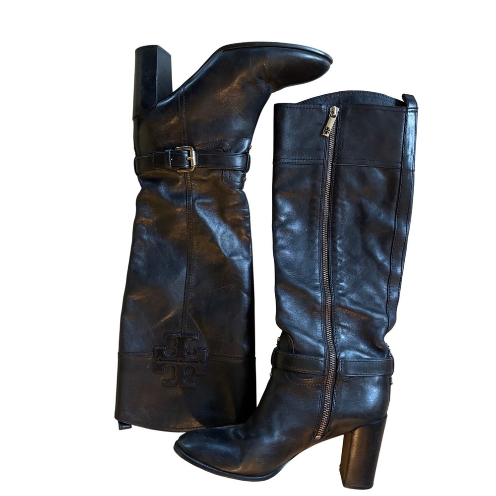 Tory Burch Black Leather Knee High Boots Side Zip Buckle Detail Size 8.5M - Picture 2 of 10